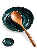 Cormomu Spoon Rest, Porcelain Spoon Holer with Drip Tray, for Multiple Utensils, Heat-Resistant, Ceramic Spoon Rest for Spoons, Ladles, Tongs, Dark Green