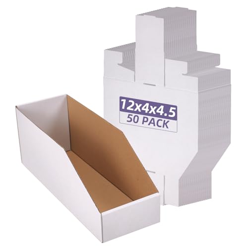 Image of EXYGLO Cardboard Storage Bins 50 Pack, 12x4x4.5 Inch Cardboard Boxes, Corrugated Organizer Bins for Pantry, Shelves, Garage, Office, Shop, White