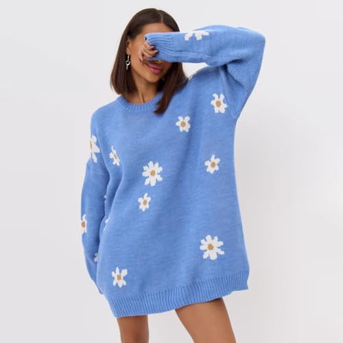 Daisy Knit Sweater for Women Flower Prints Long Sleeve Round Neck Lightweight Loose Pullover Sweater Tops2