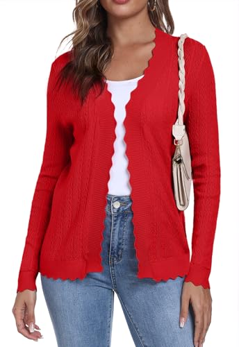YUNDAI Women's Long Cardigans Summer Lightweight Cropped Knit Shrugs Solid Color Cardigan Long Sleeve Loose Sweater Beach Cover-up, M Red
