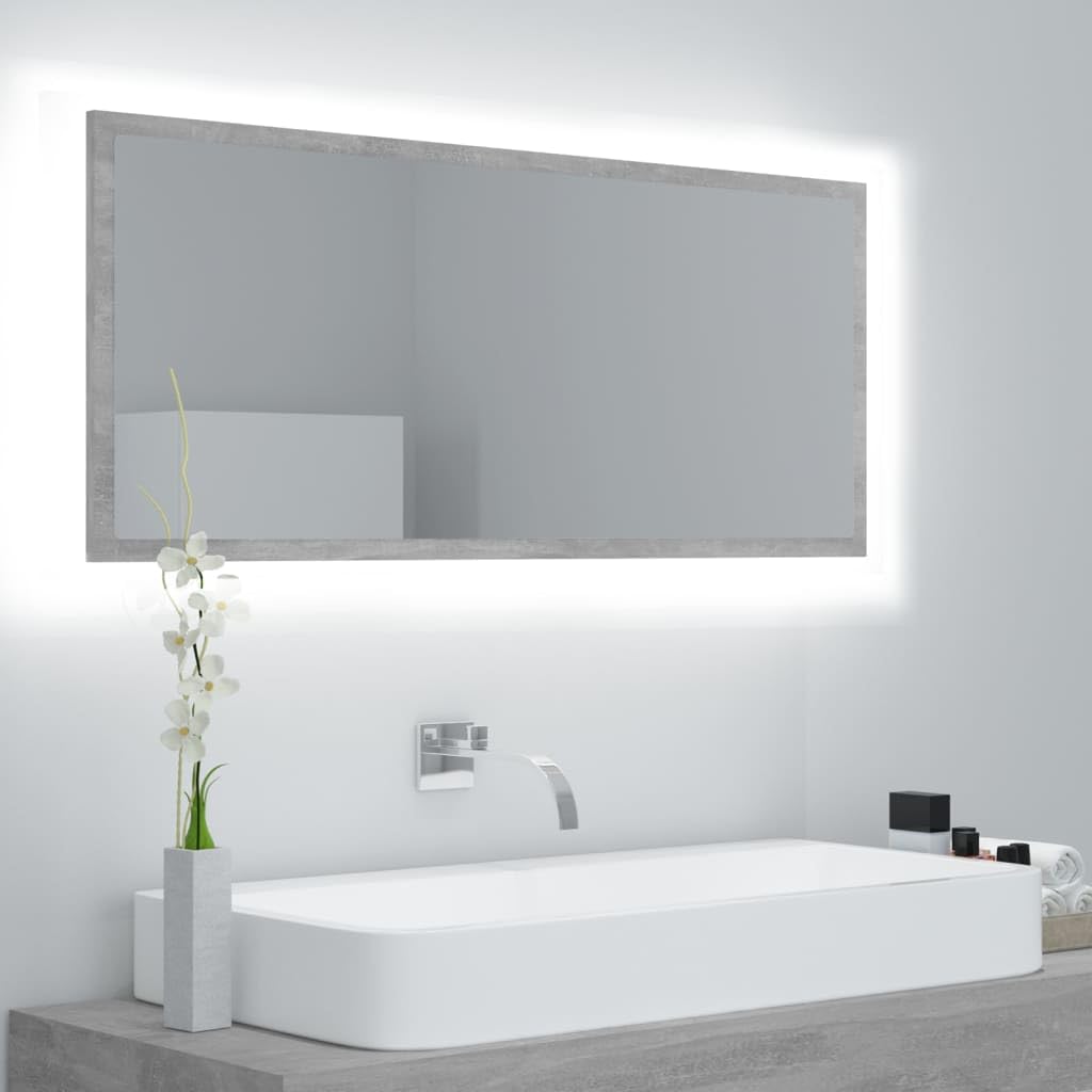 Espejo de baño LED gris hormigón, 100 x 8,5 x 37 cm, acrílico espejo de pared con iluminación RGB, diseño moderno para baño, montaje versátil