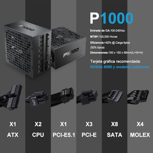 P1000 Alimentatore Completamente Modulare – 1000W 80 Plus Platinum, Compatibile con ATX 3.1 e PCIe 5.1 | Connettore 12V-2x6 per NVIDIA RTX 50/40, Ventola FDB Silenziosa – Nero - Alimentatore - Immagine 7