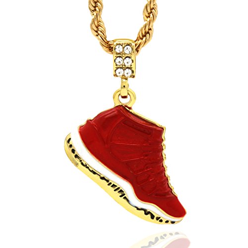 L & L Nation Mens 14k Gold Plated Hip Hop Retro 11 Gym Red Shoe Pendant 4mm 24" Rope Chain Necklace