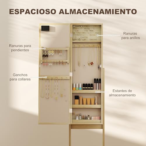 HOMCOM Espejo Joyero con Luces LED, Armario para Joyas, Armario Joyero de Pie con Espejo Entero, Ángulo Ajustable, con Estantes, Ranuras para Anillos, Madera Natural - imagen 3