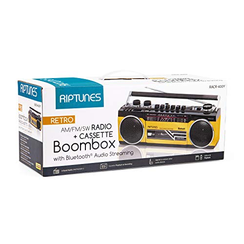 Riptunes Cassette Boombox, Retro Blueooth Boombox, Cassette Player and Recorder, AM/FM/SW-1-SW2 Radio-4-Band Radio, USB, and SD, Yellow