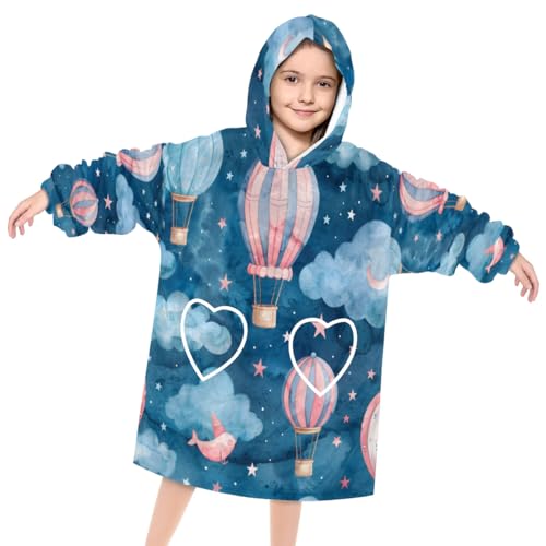 Wearable Blanket Hoodie for Kids, Starry Hot Air Balloon Fleece Sweatshirt Blanket Oversized Blanket Sweatshirt with Pocket Flannel Warm Hooded Blanket 6-10 Year Old Girl Boy Gift, One Size