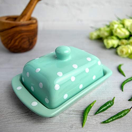 City to Cottage® Teal Blue and White Polka Dot Spotty Handmade Hand Painted Ceramic Covered Butter Dish with Lid