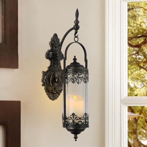 RONGHUAFUGUI Rustic Candle Sconce with Glass Vintage Antique Gothic Hanging Lantern Candle Holder Retro Indoor Outdoor Mid Centry Wall Décor Sconce for Fireplace, Hallway, Living Room, Porch, Patio