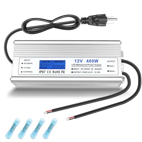LED Driver 400 Watts, IP67 Waterproof 12V Power Supply, AC 90-140V to DC 12V 33.3A Low Voltage...