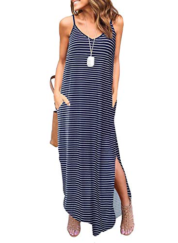 Image of HUSKARY Women's Summer Casual Sleeveless V Neck Strappy Split Loose Dress Beach Cover Up Long Cami Maxi Dresses with Pocket