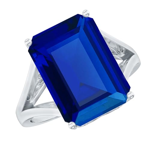 Lab Grown Blue Sapphire 10X14mm Emerald Cut Engagement Ring, AAAA Quality, Certified Sapphire Ring - With Jewelry Box
