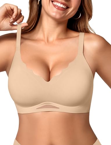 OEAK Womens Wireless Jelly Bras Scalloped Push Up No Underwire Bralette Supportive Tshirt Bra Seamless Comfortable Bras Sand Nude XL