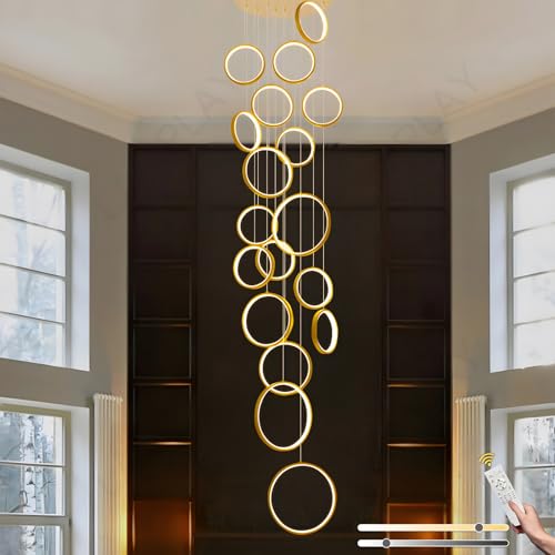 LAMPLAY Lampadario A LED Per Scale Lunghe, Lampada A 18 Anelli D'oro Per Soffitti Alti, Lampada A Sospensione Regolabile In Altezza Per Ingresso Fai Da Te, Dimmerabile Con Telecomando 3000K-6000K