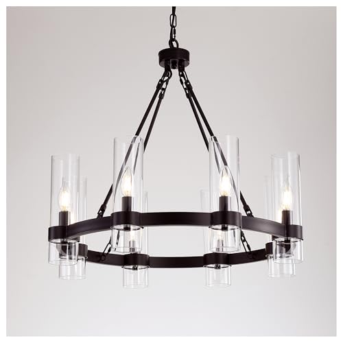 AEULYTIR 26 Inch Black Wagon Wheel Chandelier with Glass Shade,