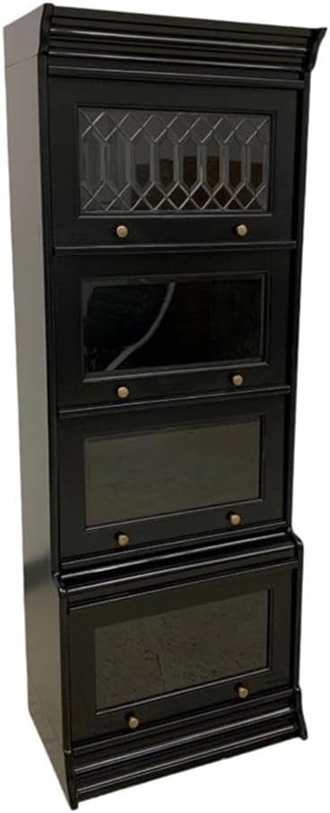 Pemberly Row Contemporary 4-Stack Barrister Bookcase, Solid Mahogany Wood, Black Finish, Leaded Glass Doors, Stackable Victorian Design for Books or Collectibles in Home or Office