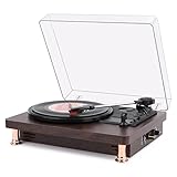 Vinyl Record Player With Speakers - Fully Automatic Belt-Drive Turntable, 3 Speed, Dust Cover, RCA Out, AUX in, Auto Off, 2 Stereo Speakers, 2 Record Brushes