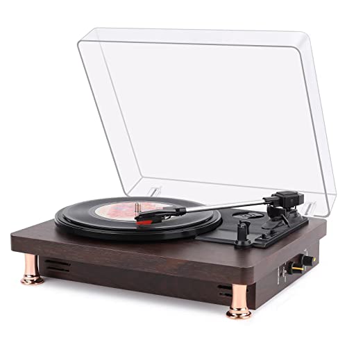 Vinyl Record Player With Speakers - Fully Automatic Belt-Drive Turntable, 3 Speed, Dust Cover, RCA Out, AUX in, Auto Off, 2 Stereo Speakers, 2 Record Brushes