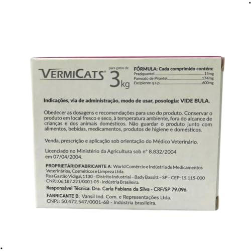 Vermífugo VermiCats Para Gatos De 3kg Kit 4 Comprimidos World