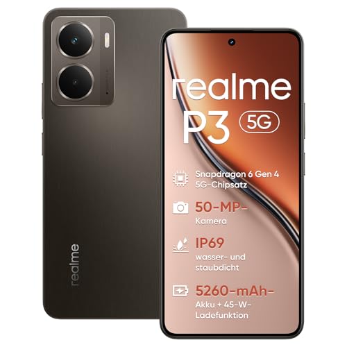 realme P3 Smartphone, 5G Dual-SIM, 8 GB RAM, 256 GB ROM, 120-Hz-AMOLED-E-Sport-Display (6,67 Zoll), Snapdragon® 6 Gen 4, 5260-mAh-Akku, Aerospace-Kühlsystem, IP69, Grau (ohne Netzteil)