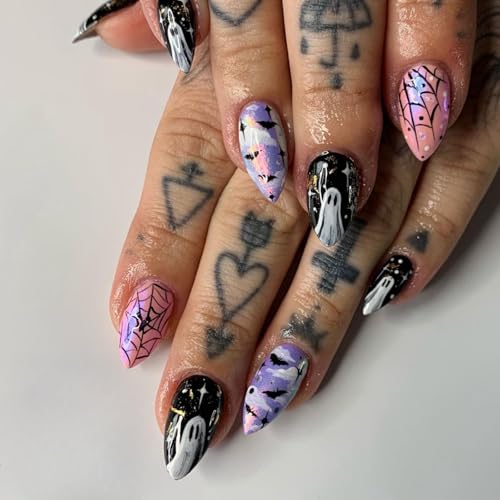 GlamRays 24 peças de unhas postiças de Halloween amêndoa média unhas falsas pretas com design de fantasmas morcegos aranhas para colar unhas acrílicas