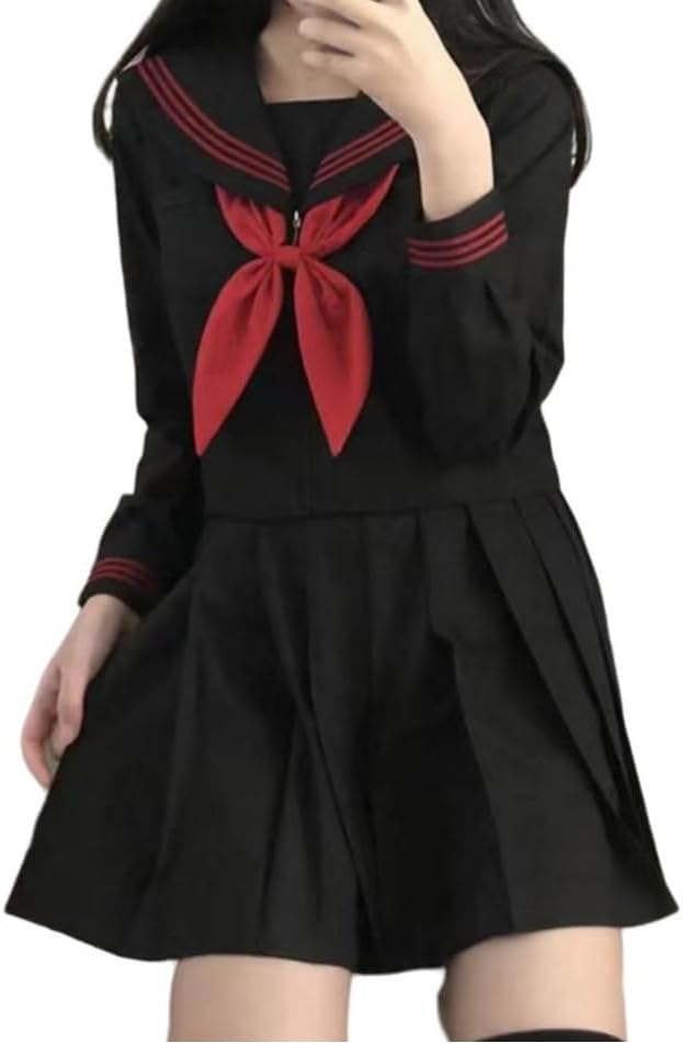 Women JK Uniform Suit Black Long Sleeve Japanese School Girls Uniform Sailor Costume Pleated Skirt Set