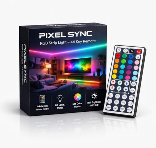 Image of RGB LED Strip Light with 44 Key IR Remote, 5050 SMD, 60 LEDs /Meter, High Brightness, DIY Color Modes, Flexible Decorative Lighting for Home, TV, Bedroom & Party(44 Key Remote)