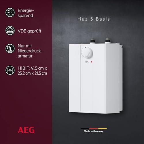 AEG druckloser Kleinspeicher Huz 5 Basis, Untertischboiler 5 Liter Niederdruck, steckerfertig, 2 kW, 222162