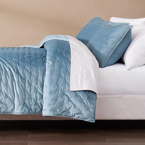 Image of Lush Decor - Quilt Set, 3-Piece Cozy Velvet Bedding with Matching Shams, Embroidered Stitch Design (Haven Blue, Full /Queen)
