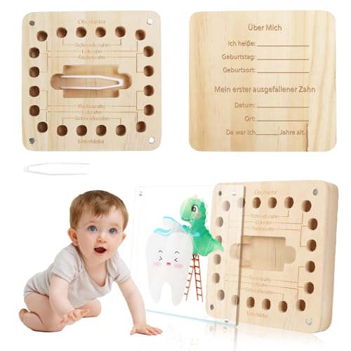 TGFIX Scatola dentata per denti da latte, in legno, con coperchio a forma di dinosauro e 20 compartimenti individuali, perfetta per bambini
