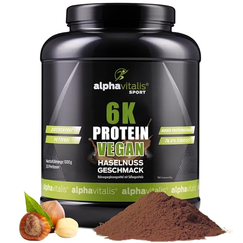PROTEINPULVER VEGAN Haselnuss - 6K Mehrkomponentenprotein 1 Kg - pflanzlicher Eiweiß Shake zuckerfrei fettfrei laktosefrei - hoher Proteingehalt - ideal zum Kochen und Backen - Eiweißpulver vegan