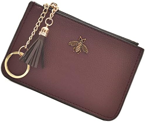 AnnabelZ Coin Purse Change Wallet Pouch Leather Card Holder with Key Chain Tassel Zip(Burgundy)