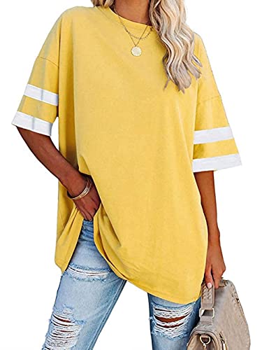 Voopptaw Color Block Tunic Tops Women's Loose Casual Round Neck Half Sleeve Baseball T Shirt Yellow L