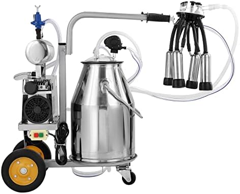 VEVOR Electric Cow Milking Machine, 6.6 Gal / 25 L 304 Stainless Steel Bucket, Automatic Pulsation Vacuum Milker, Portable Milker with Food-Grade Silicone Cups and Tubes, Adjustable Pressure