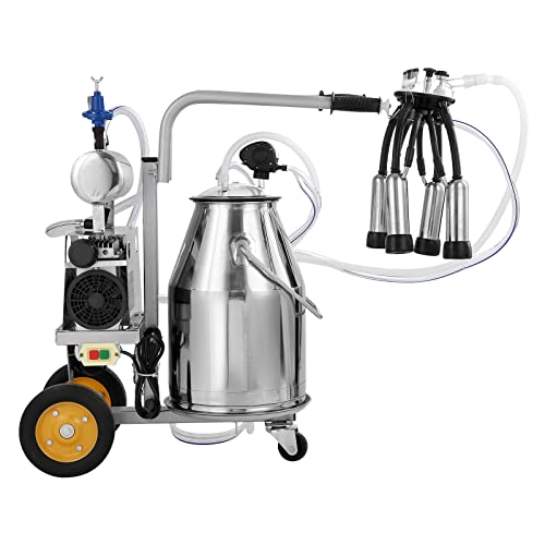 VEVOR Electric Cow Milking Machine, 6.6 Gal / 25 L 304 Stainless Steel Bucket, Automatic Pulsation Vacuum Milker, Portable Milker with Food-Grade Silicone Cups and Tubes, Adjustable Pressure