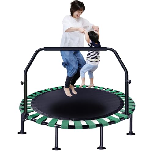 UNE トランポリン 補助手すり付き 折りたたみ 大型122cm 4段階高さ調整可能 とらんほりん 子供 室内 耐荷重300kg 安全ゴム 静音 高弾力 組み立て簡単 折りたたみ式トランポリン 大人用 収納が便利 Trampoline 室内遊び 外遊び 家
