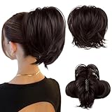 HOOJIH Ponytail Extension, Claw Clip in Straight Hair Bun Messy Bun 9 Inch Short Ponytail Extension with Bendable Metal Wire Hair Pieces for Women Fake Hair Bun DIY Styles - Dark Brown