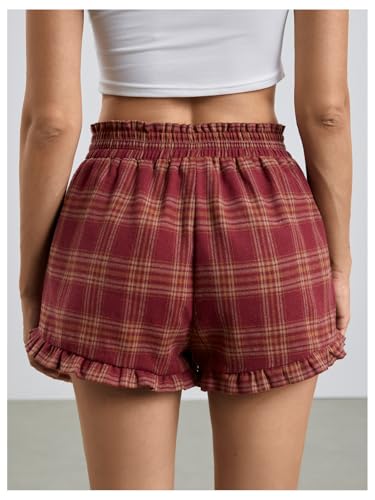 Image of MakeMeChic Women's Gingham Ruffle Lounge Shorts Elastic High Waist Pajamas Boxer Shorts