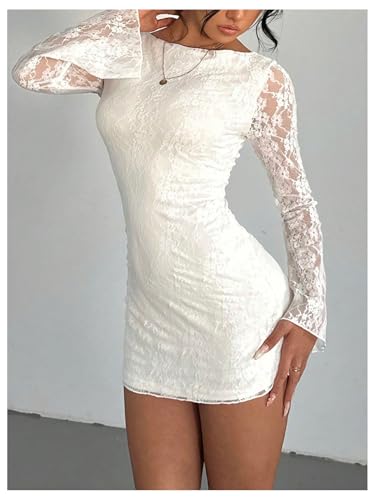 SOLY HUX Women's Lace Mini Dress Tie Backless Bell Long Sleeve Crew Neck Bodycon Dresses4