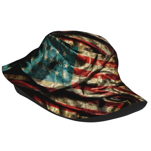 Image of American Flag America Bucket Hat,Casual Fisherman Cap Golf Boonie Hats Travel Beach Sun Hat for Women Men