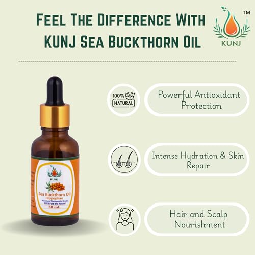 Image of KUNJ Sea Buckthorn Oil (Hippophae rhamnoides) 30ML - 100% Pure & Natural, Undiluted, Cold Pressed - Therapeutic Grade Oil for Skin Nourishment, Radiance, Anti-Aging & Hydration
