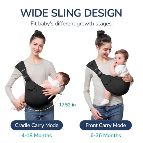 Image of Baby Sling Carrier with Wide Shoulder Padding, 100% Cotton | Adjustable Waist Strap, Ergonomic Hip, Storage Pocket, Hands-Free & Comfortable, for Toddlers 4-36 Months (8-35 lbs)