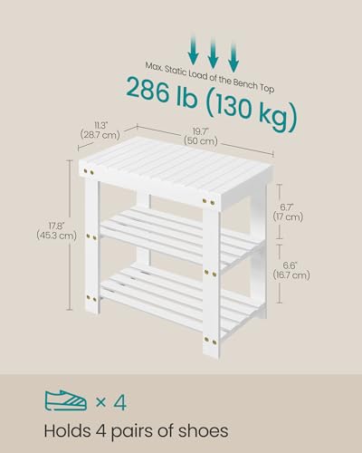 Image of SONGMICS Shoe Rack Bench, 3-Tier Bamboo Shoe Storage Organizer, Entryway Bench, Holds Up to 286 lb, 11.3 x 19.7 x 17.8 Inches, for Entryway Bathroom Bedroom, Cloud White ULBS001W01
