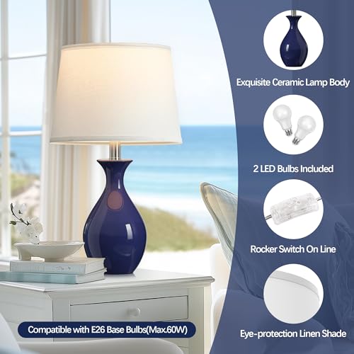 PARTPHONER Table Lamp Set of 2, Modern Ceramic Bedside Lamps for Night Stands, Classic Small Lamp Nightstand Lamp for Bedroom Living Room Desk End Table Rocker Navy Blue by PARTPHONER - Used condition - Image 3