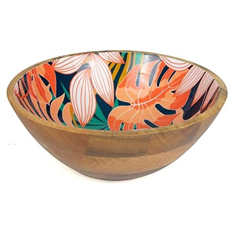 Muldale Mango Wood Bowl 30cm - Large Salad Bowl or Fruit Bowl Wooden with Floral Interior Design - Salad Serving Bowl - Sturdy Food Safe Rustic Wooden Bowl - Great for Everyday Salads Cover
