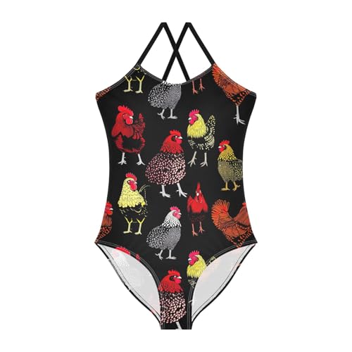 CHIFIGNO Chickens Black Toddler Girl One Piece Swimsuit, Spaghetti Straps, Cross Back Design, Ages 3T