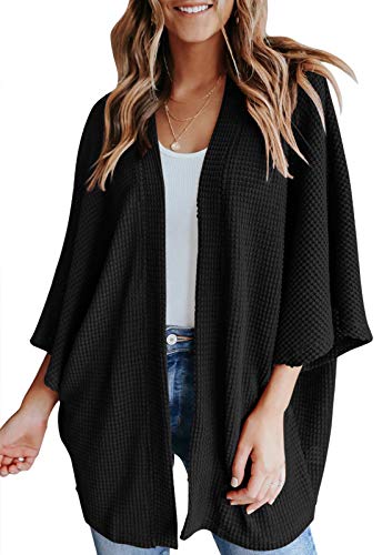YIBOCK Women s Lightweight Kimono Cardigans Sweater Loose Waffle Knit 3 4 Batwing Sleeve Beach Cover Up Black