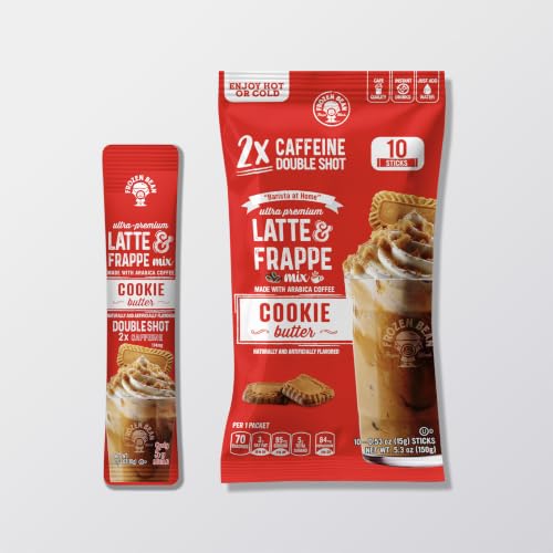 Image of The Frozen Bean Cookie Butter Instant Coffee Frappe, 10 Sticks | Real Arabica, 114mg caffeine, 5g sugar, Single serve packets, Hot or blended iced, On the go