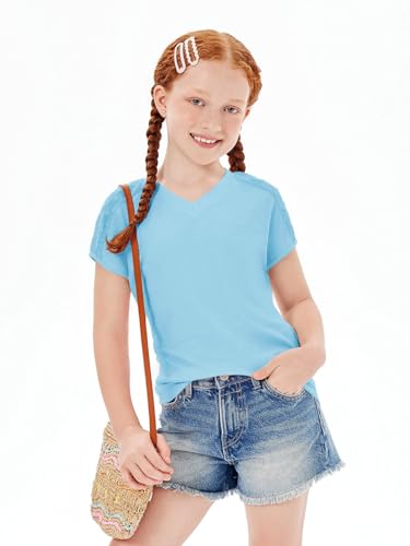 Image of Haloumoning Girls V Neck T-Shirts Kids Summer Swiss Dot Short Sleeve Tops Cute Fashion Tees 5-14 Years