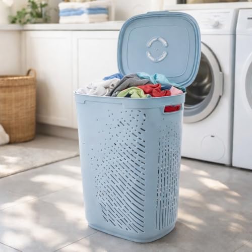 Image of Nayasa Plastic Laundry Basket with Lid - 50 Ltrs | Ventilated Clothes Hamper with Easy-Grip Handles | Clothes & Toy Storage Organizer |(Kitty) Grey