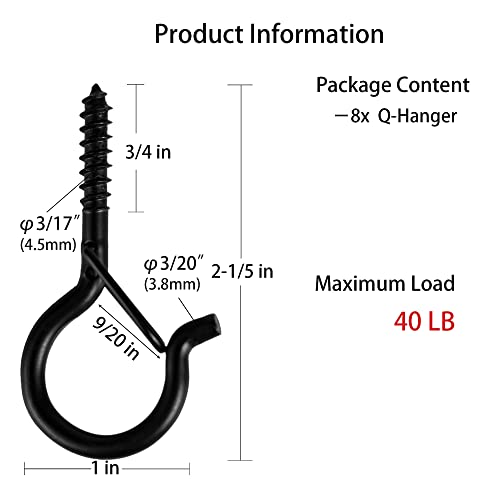 Beheno 8 Pcs Q-Hanger, Screw Hooks For Outdoor String Lights - Ceiling Hooks For Hanging Plants Wind Chimes, Safety Buckle Design, Windproof, 2.2 Inches #TOP4